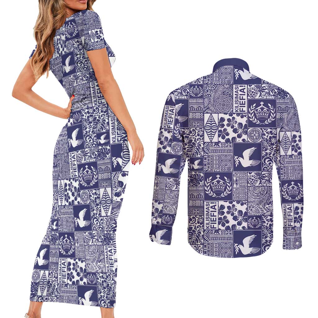 Blue Tonga Kilisimasi Fiefia Couples Matching Short Sleeve Bodycon Dress and Long Sleeve Button Shirt Pacific Patchwork Xmas Vibes - Polynesian Pride