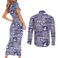 Blue Tonga Kilisimasi Fiefia Couples Matching Short Sleeve Bodycon Dress and Long Sleeve Button Shirt Pacific Patchwork Xmas Vibes - Polynesian Pride