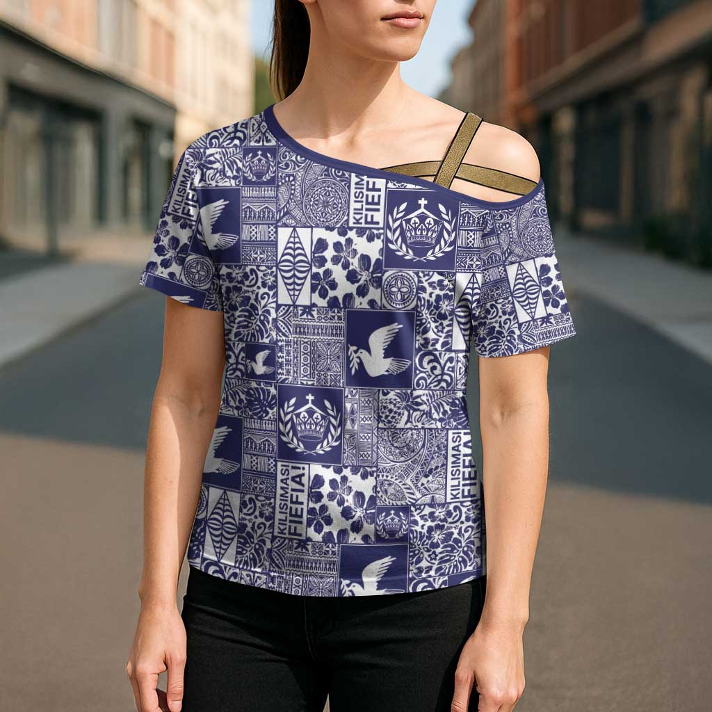 Blue Tonga Kilisimasi Fiefia Cross Shoulder Shirt Pacific Patchwork Xmas Vibes - Polynesian Pride