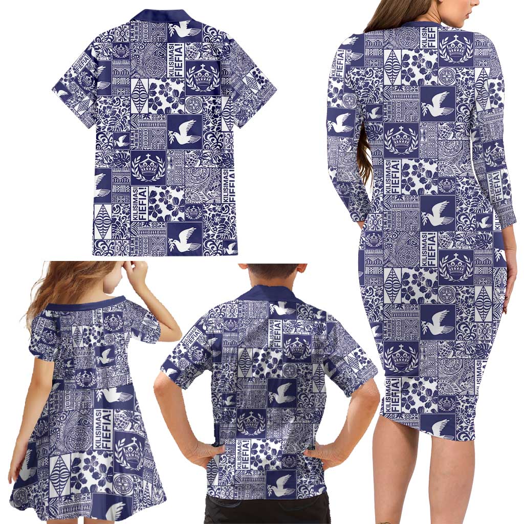 Blue Tonga Kilisimasi Fiefia Family Matching Long Sleeve Bodycon Dress and Hawaiian Shirt Pacific Patchwork Xmas Vibes - Polynesian Pride