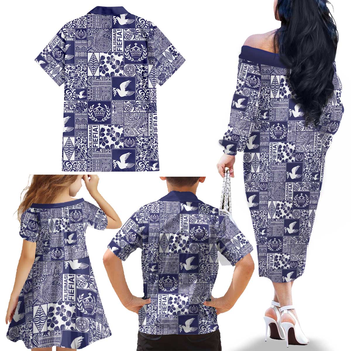 Blue Tonga Kilisimasi Fiefia Family Matching Off The Shoulder Long Sleeve Dress and Hawaiian Shirt Pacific Patchwork Xmas Vibes - Polynesian Pride