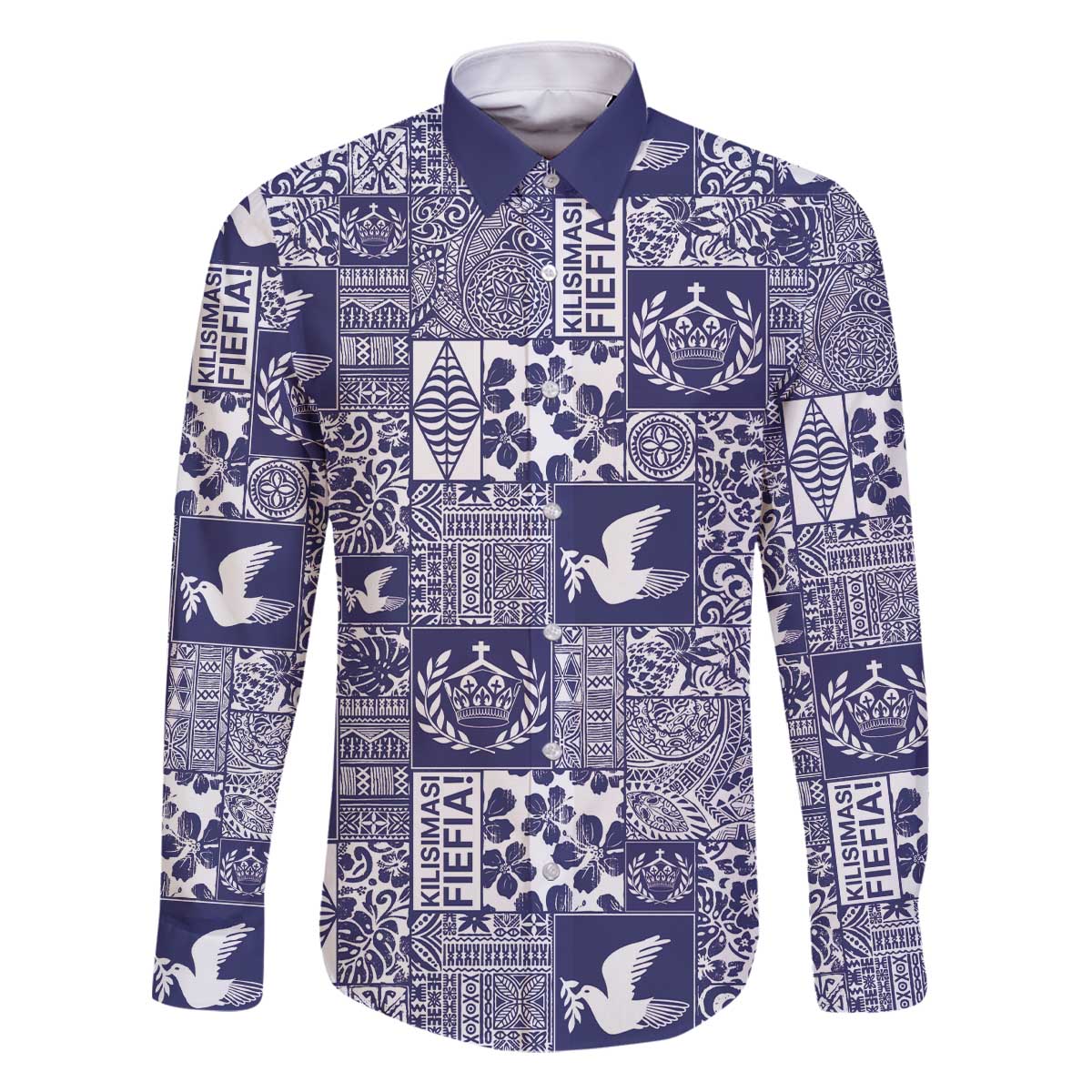 Blue Tonga Kilisimasi Fiefia Family Matching Off The Shoulder Long Sleeve Dress and Hawaiian Shirt Pacific Patchwork Xmas Vibes - Polynesian Pride