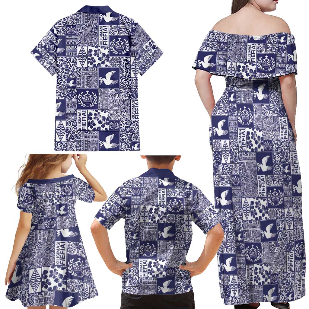 Blue Tonga Kilisimasi Fiefia Family Matching Off Shoulder Maxi Dress and Hawaiian Shirt Pacific Patchwork Xmas Vibes - Polynesian Pride