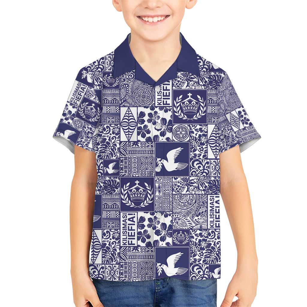 Blue Tonga Kilisimasi Fiefia Family Matching Off Shoulder Maxi Dress and Hawaiian Shirt Pacific Patchwork Xmas Vibes - Polynesian Pride