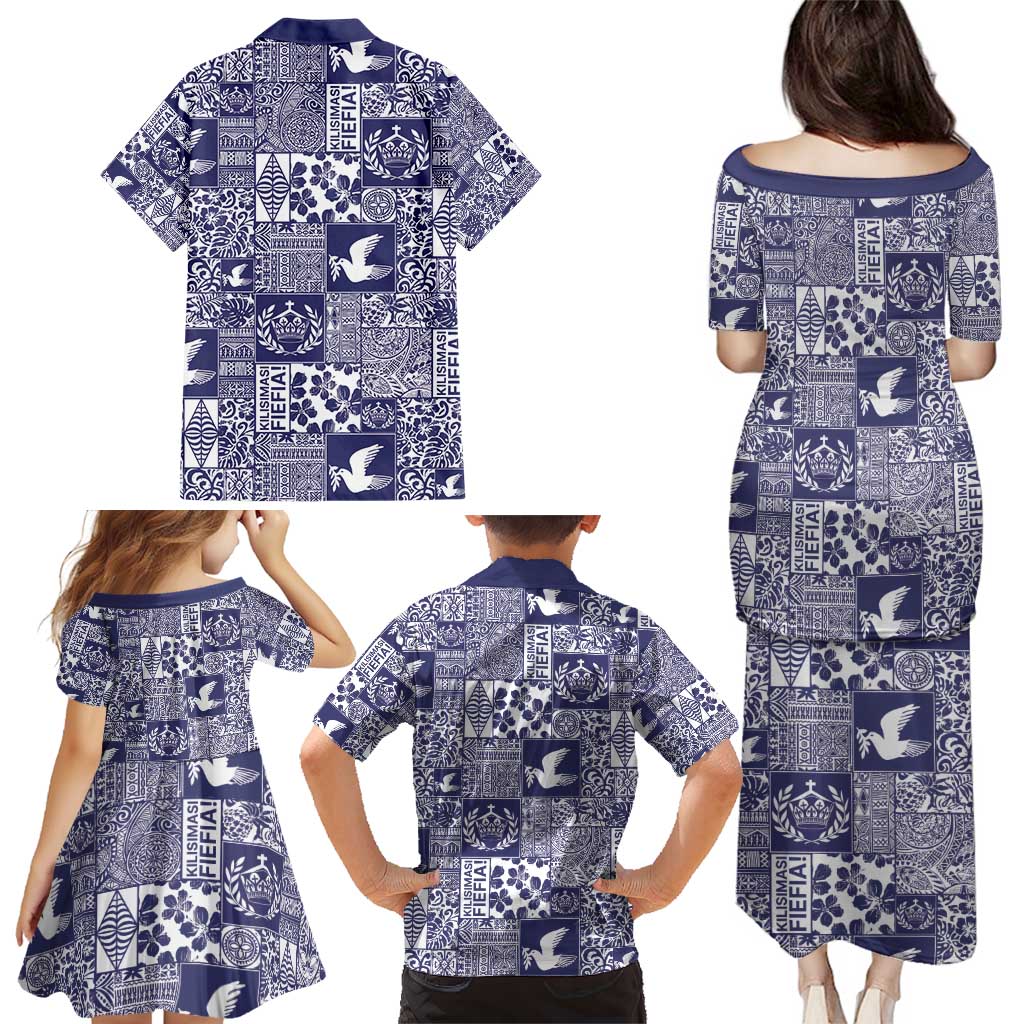 Blue Tonga Kilisimasi Fiefia Family Matching Puletasi and Hawaiian Shirt Pacific Patchwork Xmas Vibes - Polynesian Pride