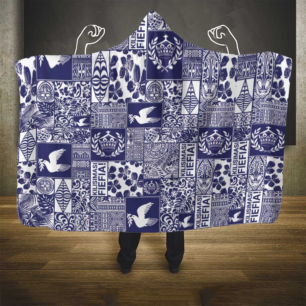 Blue Tonga Kilisimasi Fiefia Hooded Blanket Pacific Patchwork Xmas Vibes - Polynesian Pride