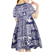 Blue Tonga Kilisimasi Fiefia Kid Short Sleeve Dress Pacific Patchwork Xmas Vibes - Polynesian Pride