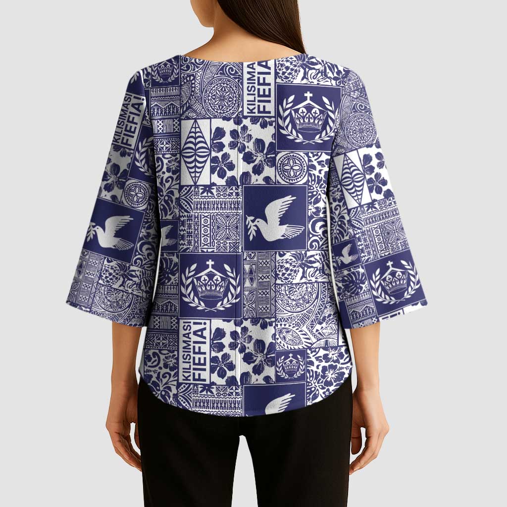 Blue Tonga Kilisimasi Fiefia Kimono Sleeve Blouse Pacific Patchwork Xmas Vibes - Polynesian Pride