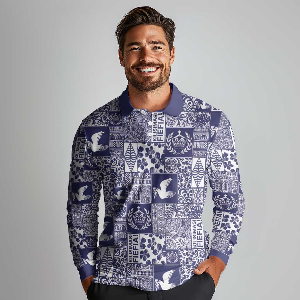 Blue Tonga Kilisimasi Fiefia Long Sleeve Polo Shirt Pacific Patchwork Xmas Vibes - Polynesian Pride