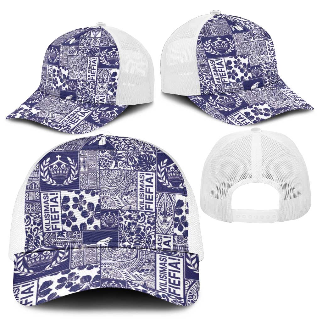 Blue Tonga Kilisimasi Fiefia Mesh Trucker Cap Pacific Patchwork Xmas Vibes - Polynesian Pride