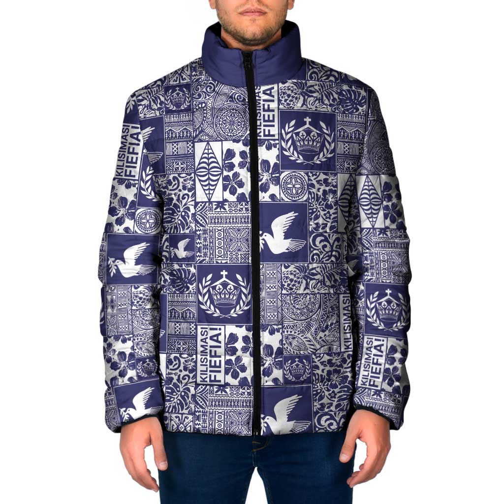 Blue Tonga Kilisimasi Fiefia Padded Jacket Pacific Patchwork Xmas Vibes - Polynesian Pride
