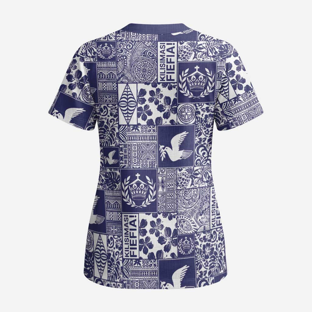 Blue Tonga Kilisimasi Fiefia Scrub Top Pacific Patchwork Xmas Vibes - Polynesian Pride