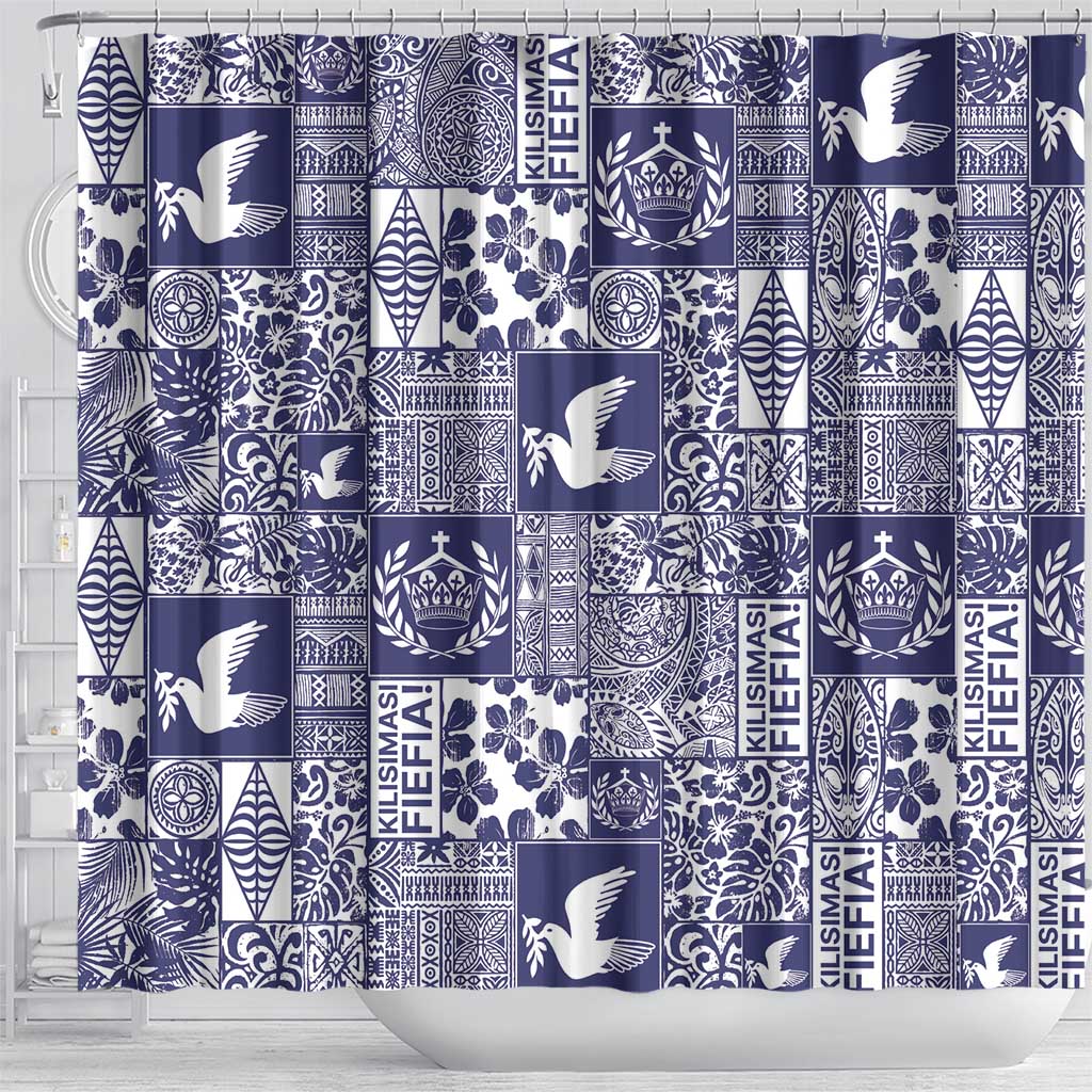 Blue Tonga Kilisimasi Fiefia Shower Curtain Pacific Patchwork Xmas Vibes - Polynesian Pride
