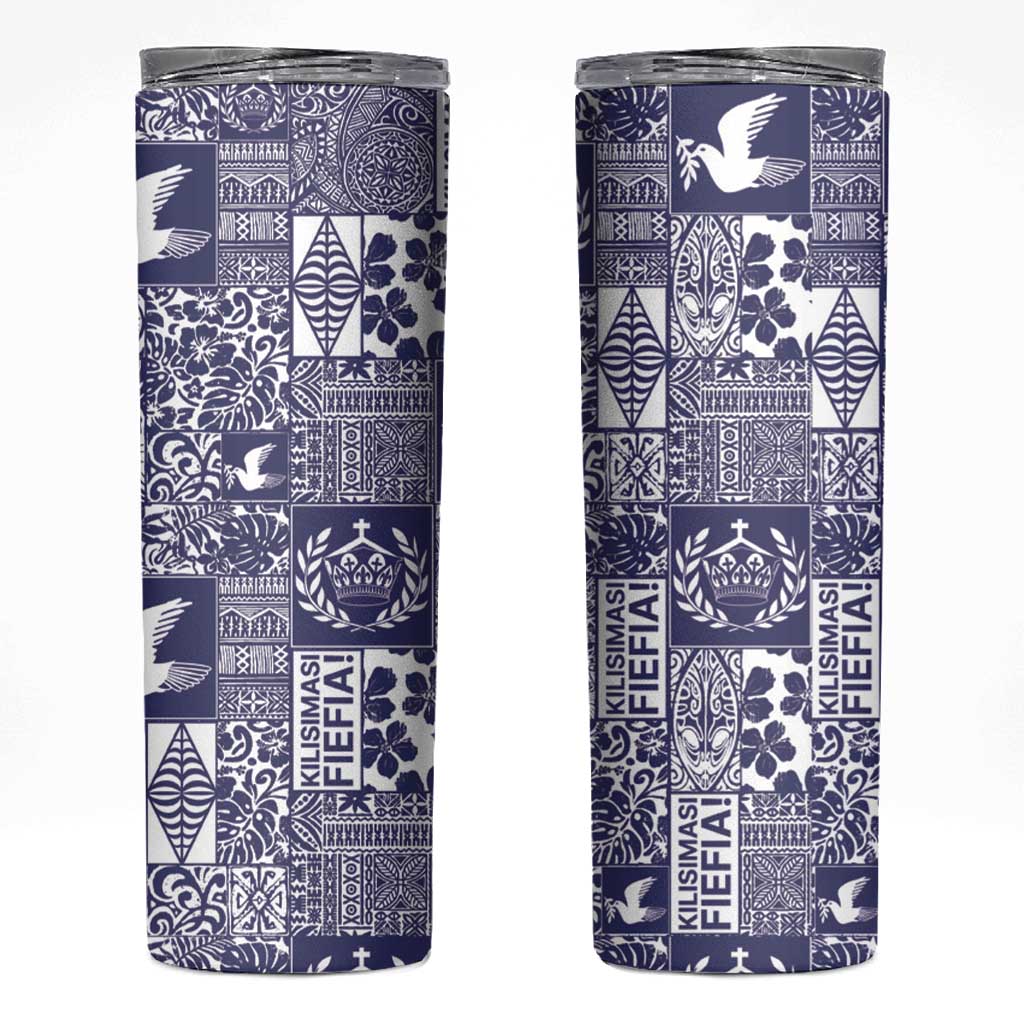 Blue Tonga Kilisimasi Fiefia Skinny Tumbler Pacific Patchwork Xmas Vibes - Polynesian Pride