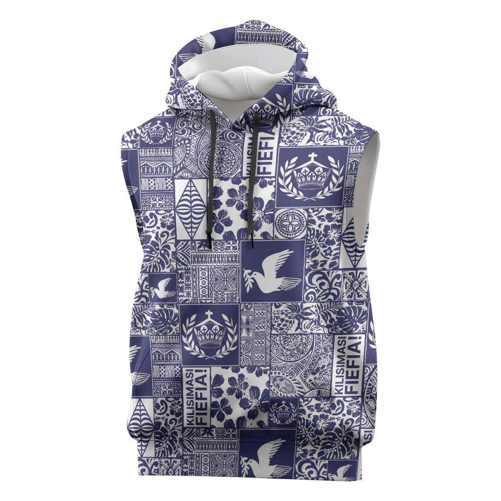 Blue Tonga Kilisimasi Fiefia Sleeveless Hoodie Pacific Patchwork Xmas Vibes - Polynesian Pride