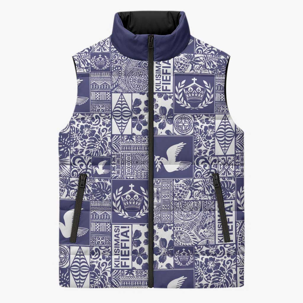Blue Tonga Kilisimasi Fiefia Sleeveless Puffer Jacket Pacific Patchwork Xmas Vibes - Polynesian Pride