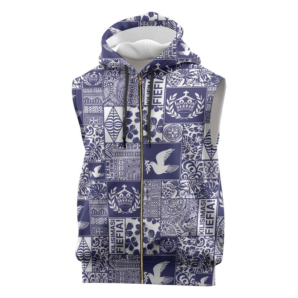 Blue Tonga Kilisimasi Fiefia Sleeveless Zip Hoodie Pacific Patchwork Xmas Vibes - Polynesian Pride