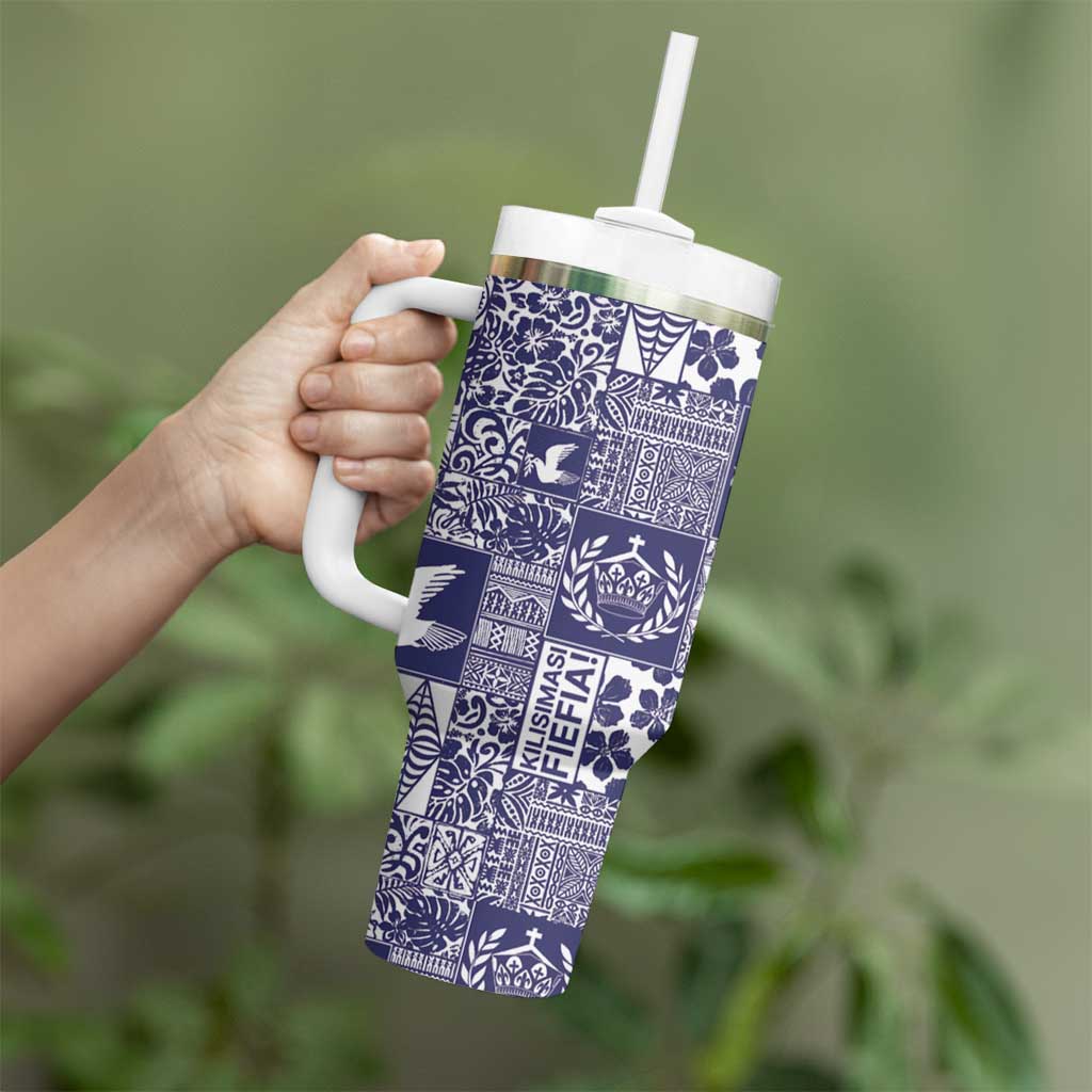 Blue Tonga Kilisimasi Fiefia Tumbler With Handle Pacific Patchwork Xmas Vibes - Polynesian Pride