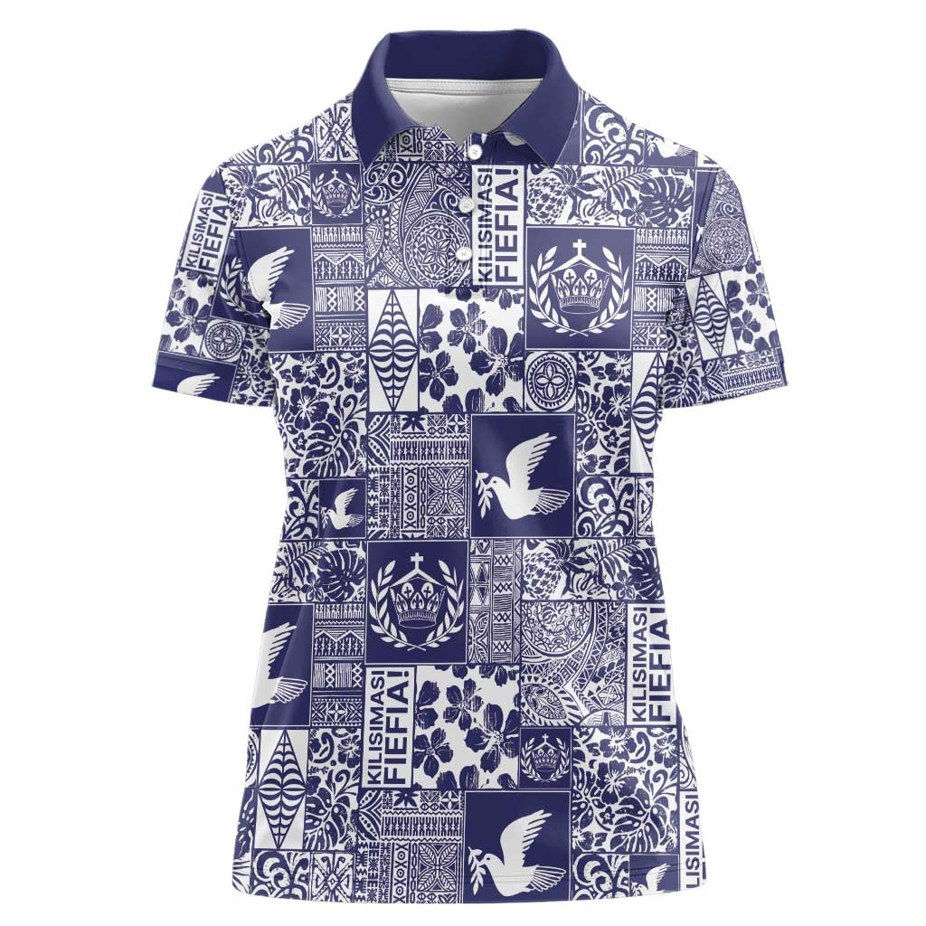 Blue Tonga Kilisimasi Fiefia Women Polo Shirt Pacific Patchwork Xmas Vibes - Polynesian Pride