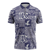 Blue Tonga Kilisimasi Fiefia Zipper Polo Shirt Pacific Patchwork Xmas Vibes - Polynesian Pride