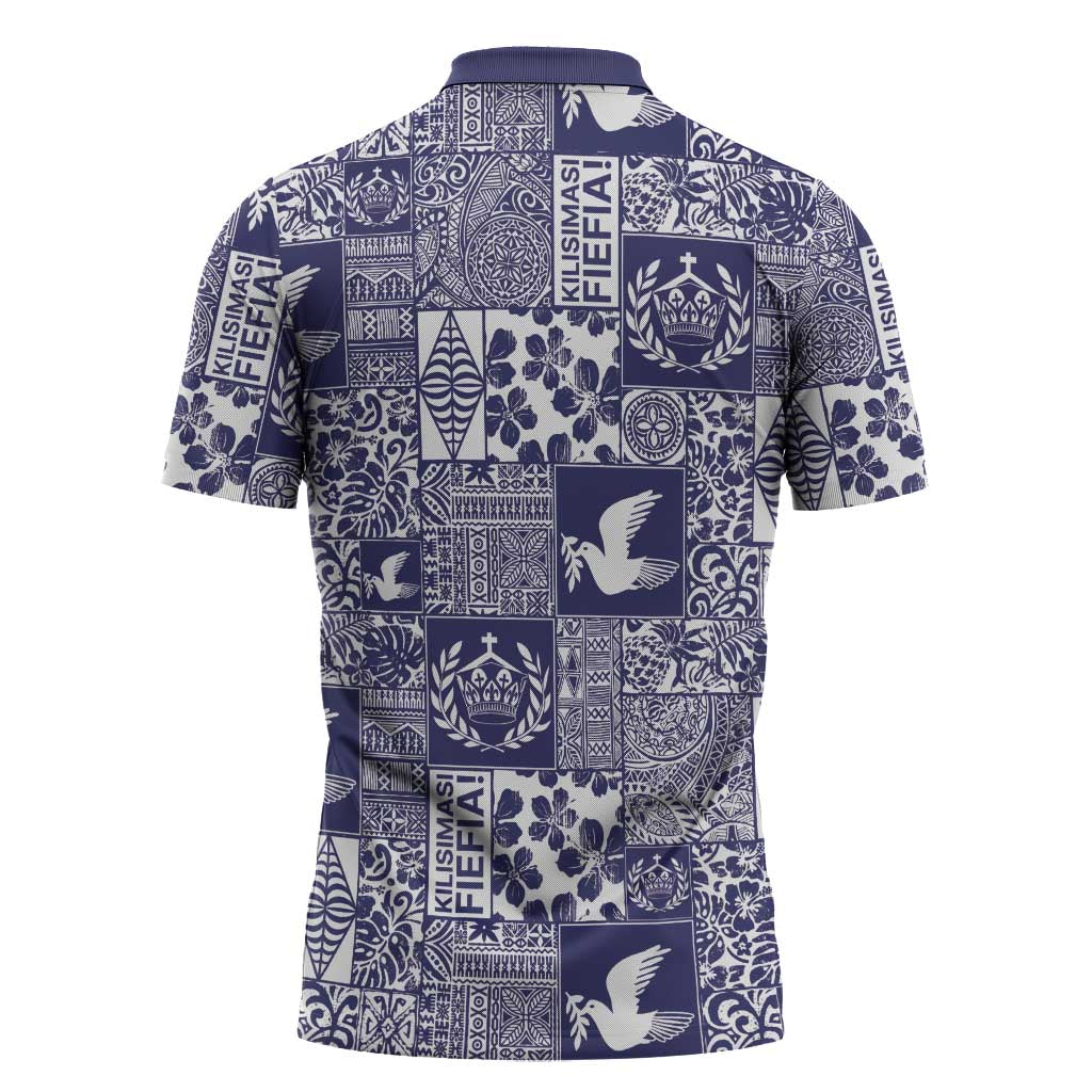 Blue Tonga Kilisimasi Fiefia Zipper Polo Shirt Pacific Patchwork Xmas Vibes - Polynesian Pride