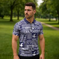 Blue Tonga Kilisimasi Fiefia Zipper Polo Shirt Pacific Patchwork Xmas Vibes - Polynesian Pride