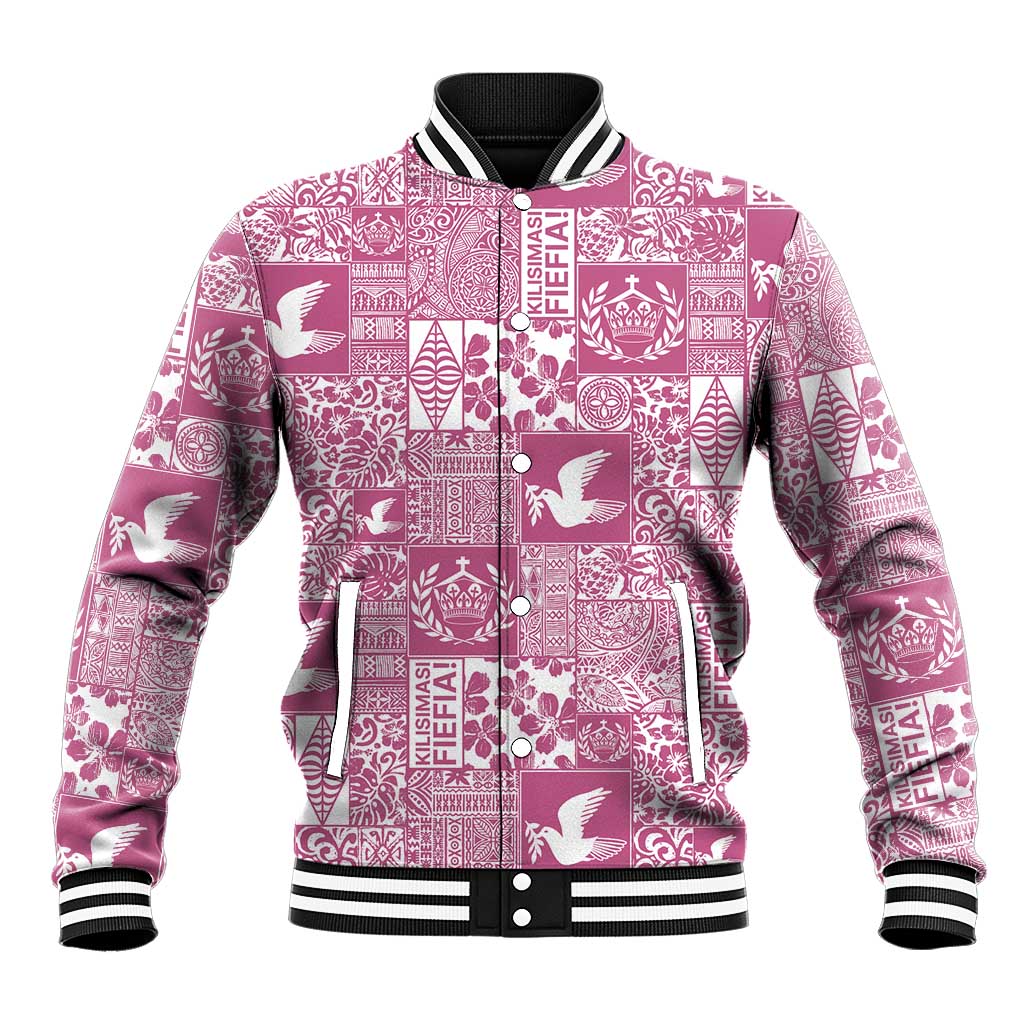 Pink Tonga Kilisimasi Fiefia Baseball Jacket Pacific Patchwork Xmas Vibes - Polynesian Pride