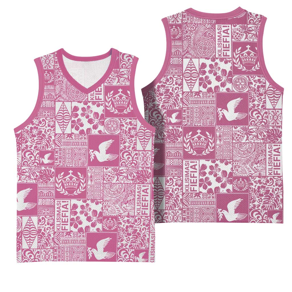 Pink Tonga Kilisimasi Fiefia Basketball Jersey Pacific Patchwork Xmas Vibes - Polynesian Pride