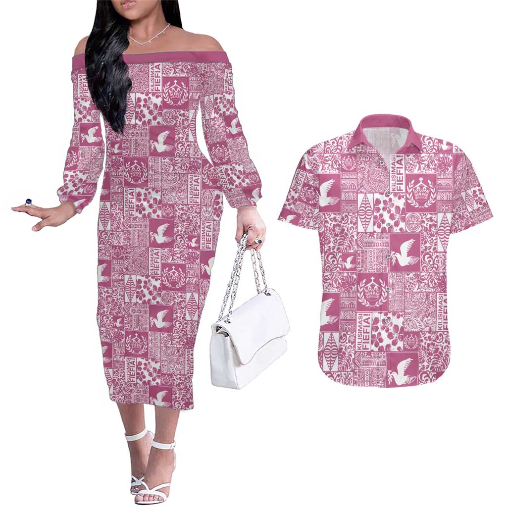Pink Tonga Kilisimasi Fiefia Couples Matching Off The Shoulder Long Sleeve Dress and Hawaiian Shirt Pacific Patchwork Xmas Vibes - Polynesian Pride