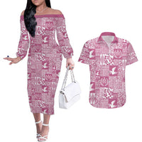 Pink Tonga Kilisimasi Fiefia Couples Matching Off The Shoulder Long Sleeve Dress and Hawaiian Shirt Pacific Patchwork Xmas Vibes - Polynesian Pride