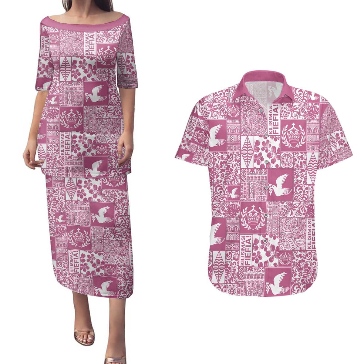 Pink Tonga Kilisimasi Fiefia Couples Matching Puletasi and Hawaiian Shirt Pacific Patchwork Xmas Vibes - Polynesian Pride