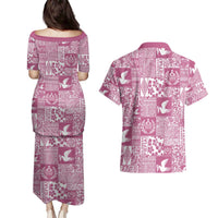 Pink Tonga Kilisimasi Fiefia Couples Matching Puletasi and Hawaiian Shirt Pacific Patchwork Xmas Vibes - Polynesian Pride