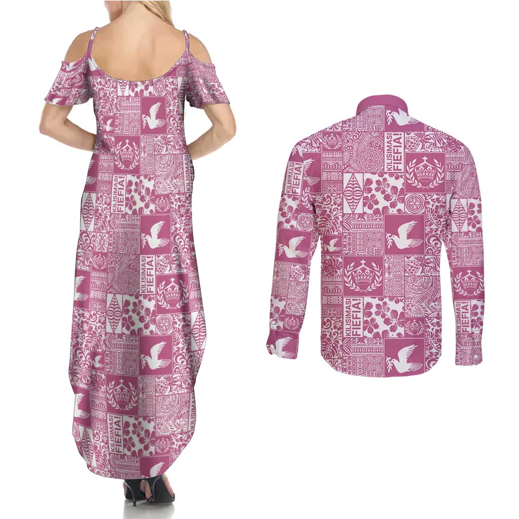 Pink Tonga Kilisimasi Fiefia Couples Matching Summer Maxi Dress and Long Sleeve Button Shirt Pacific Patchwork Xmas Vibes - Polynesian Pride
