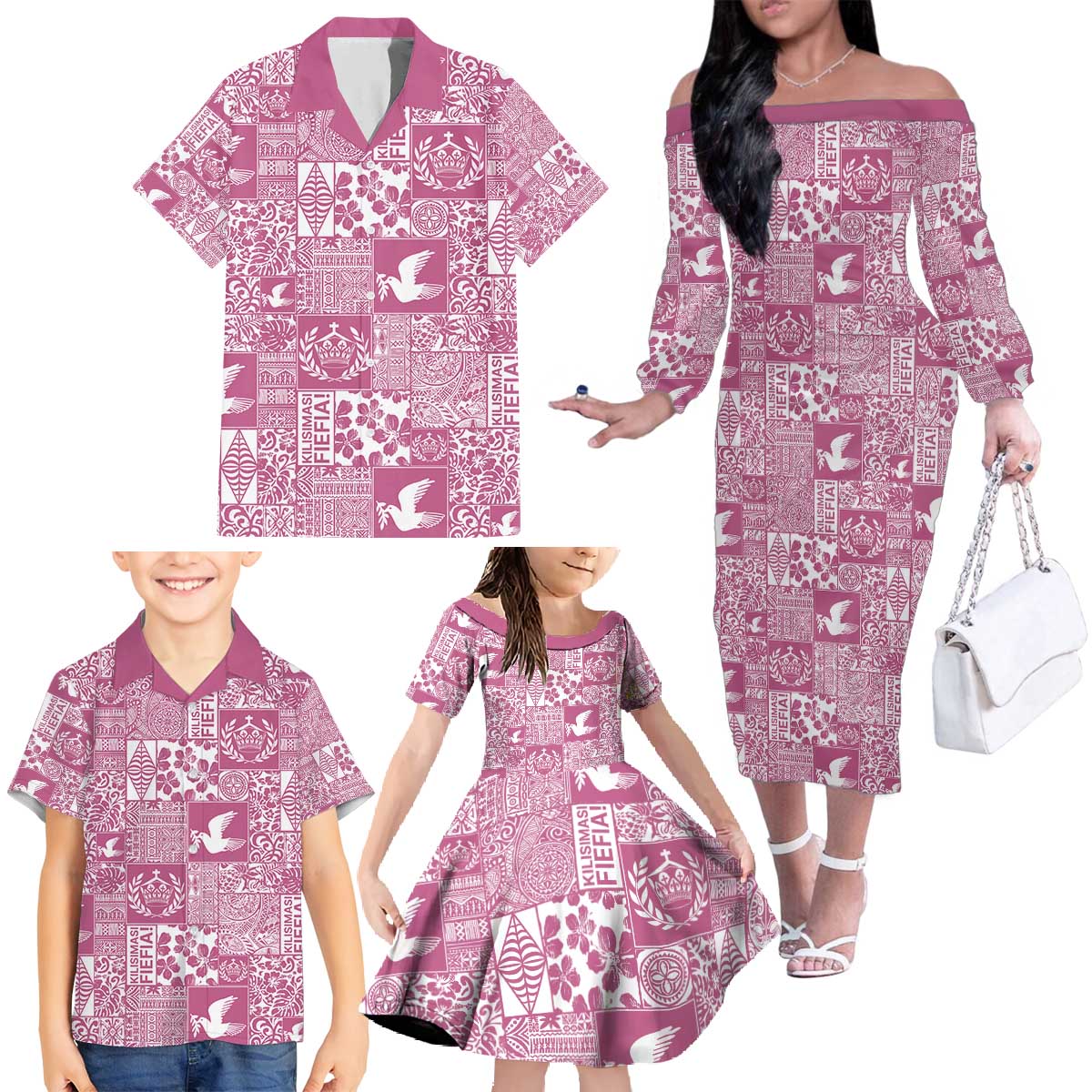 Pink Tonga Kilisimasi Fiefia Family Matching Off The Shoulder Long Sleeve Dress and Hawaiian Shirt Pacific Patchwork Xmas Vibes - Polynesian Pride