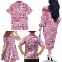 Pink Tonga Kilisimasi Fiefia Family Matching Off The Shoulder Long Sleeve Dress and Hawaiian Shirt Pacific Patchwork Xmas Vibes - Polynesian Pride