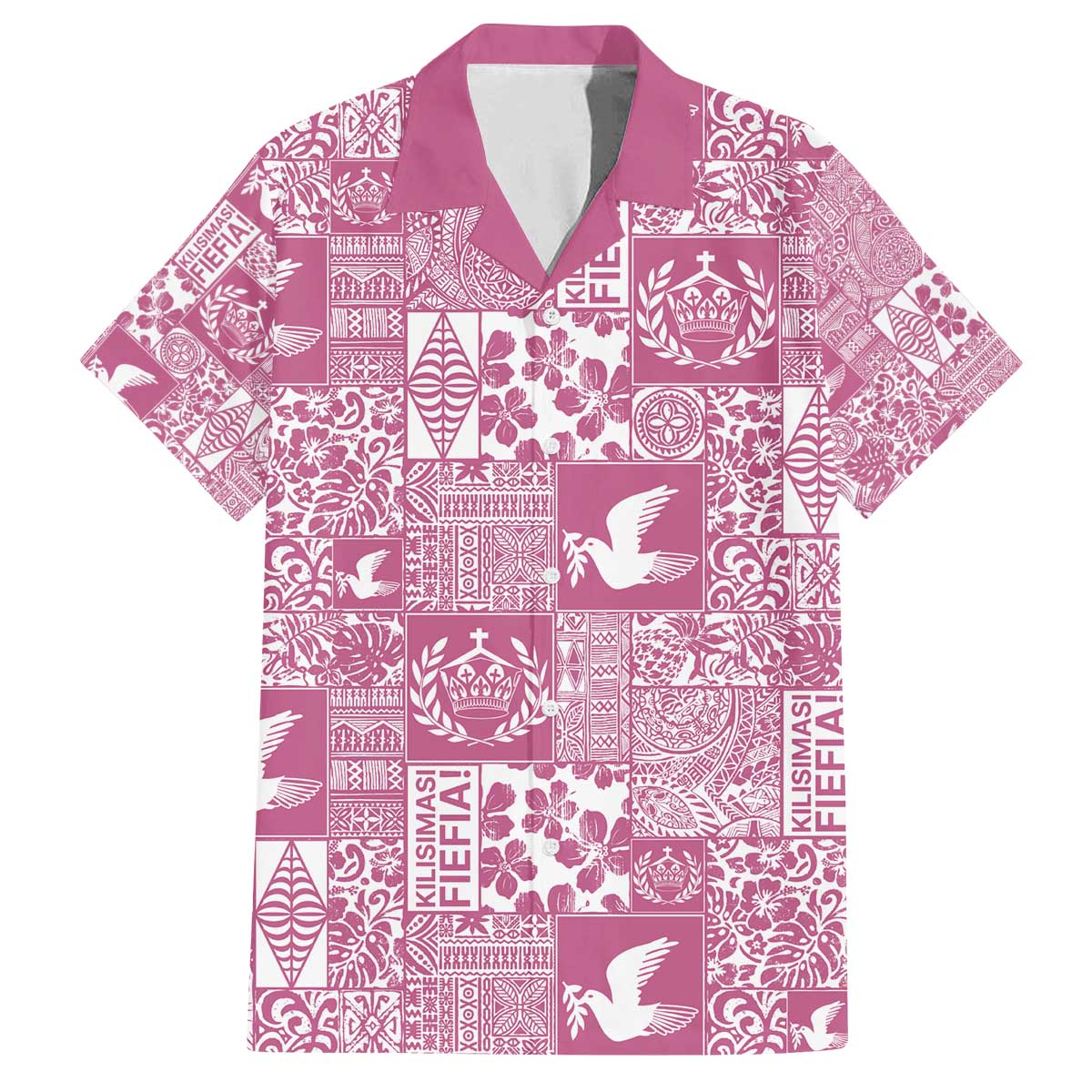 Pink Tonga Kilisimasi Fiefia Family Matching Off The Shoulder Long Sleeve Dress and Hawaiian Shirt Pacific Patchwork Xmas Vibes - Polynesian Pride