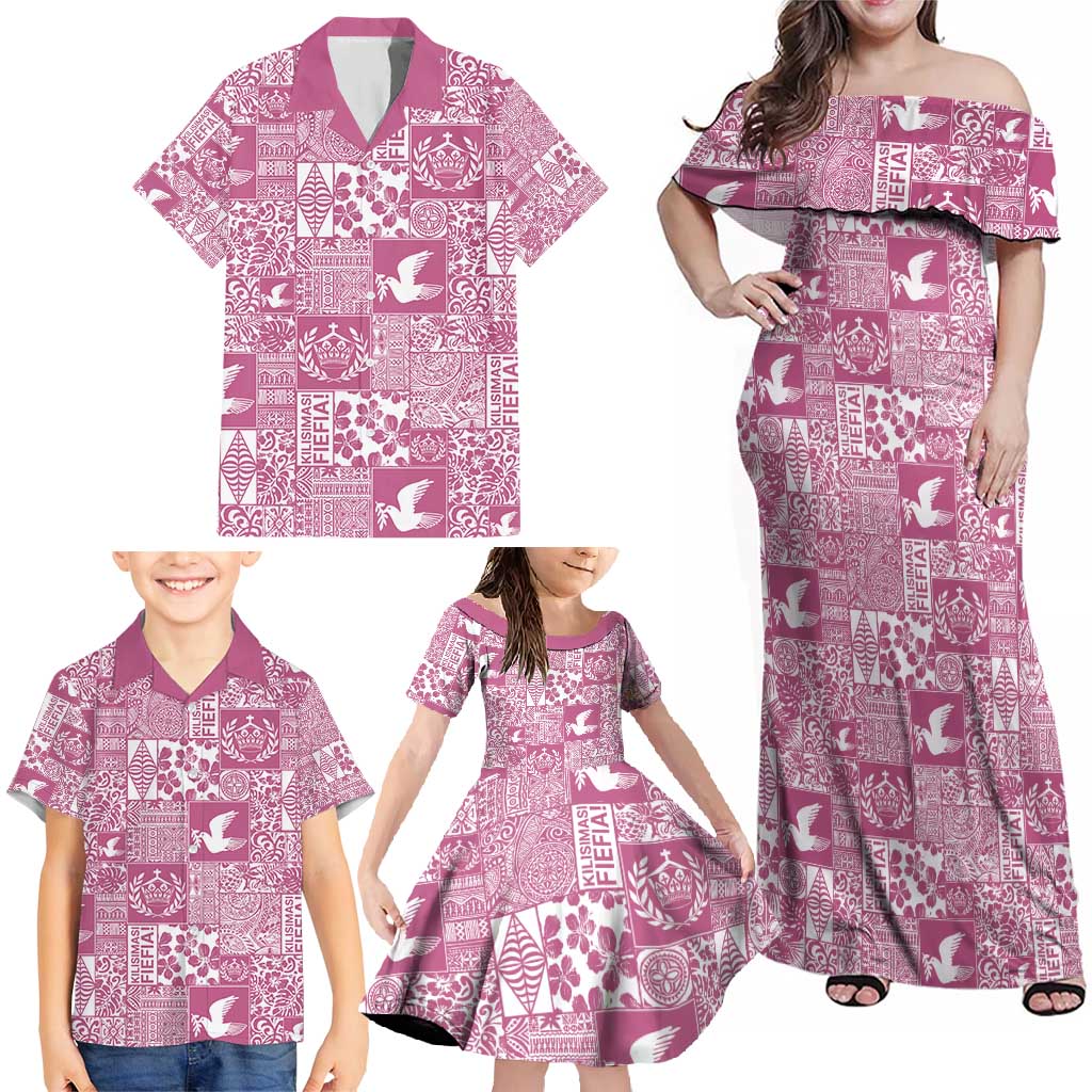 Pink Tonga Kilisimasi Fiefia Family Matching Off Shoulder Maxi Dress and Hawaiian Shirt Pacific Patchwork Xmas Vibes - Polynesian Pride