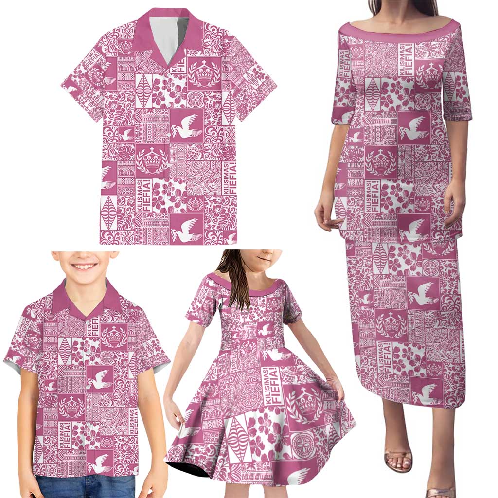 Pink Tonga Kilisimasi Fiefia Family Matching Puletasi and Hawaiian Shirt Pacific Patchwork Xmas Vibes - Polynesian Pride