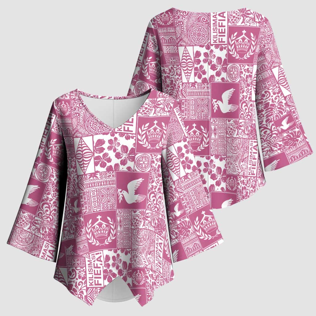 Pink Tonga Kilisimasi Fiefia Kimono Sleeve Blouse Pacific Patchwork Xmas Vibes - Polynesian Pride