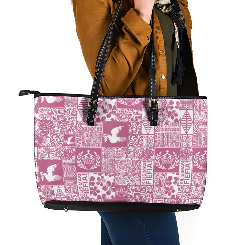 Pink Tonga Kilisimasi Fiefia Leather Tote Bag Pacific Patchwork Xmas Vibes - Polynesian Pride