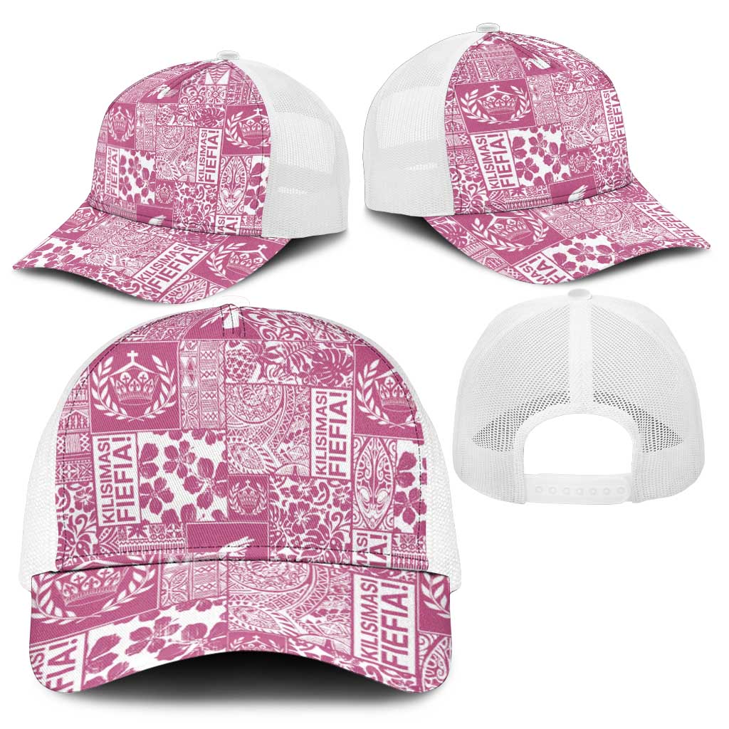 Pink Tonga Kilisimasi Fiefia Mesh Trucker Cap Pacific Patchwork Xmas Vibes - Polynesian Pride
