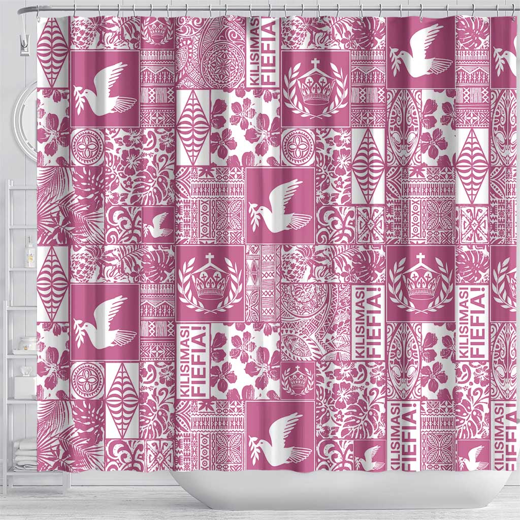 Pink Tonga Kilisimasi Fiefia Shower Curtain Pacific Patchwork Xmas Vibes - Polynesian Pride