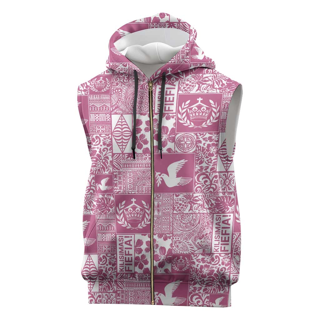 Pink Tonga Kilisimasi Fiefia Sleeveless Zip Hoodie Pacific Patchwork Xmas Vibes - Polynesian Pride