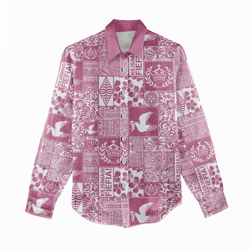 Pink Tonga Kilisimasi Fiefia Women Casual Shirt Pacific Patchwork Xmas Vibes - Polynesian Pride