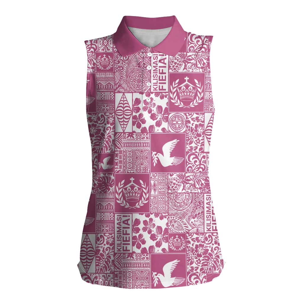Pink Tonga Kilisimasi Fiefia Women Sleeveless Polo Shirt Pacific Patchwork Xmas Vibes - Polynesian Pride