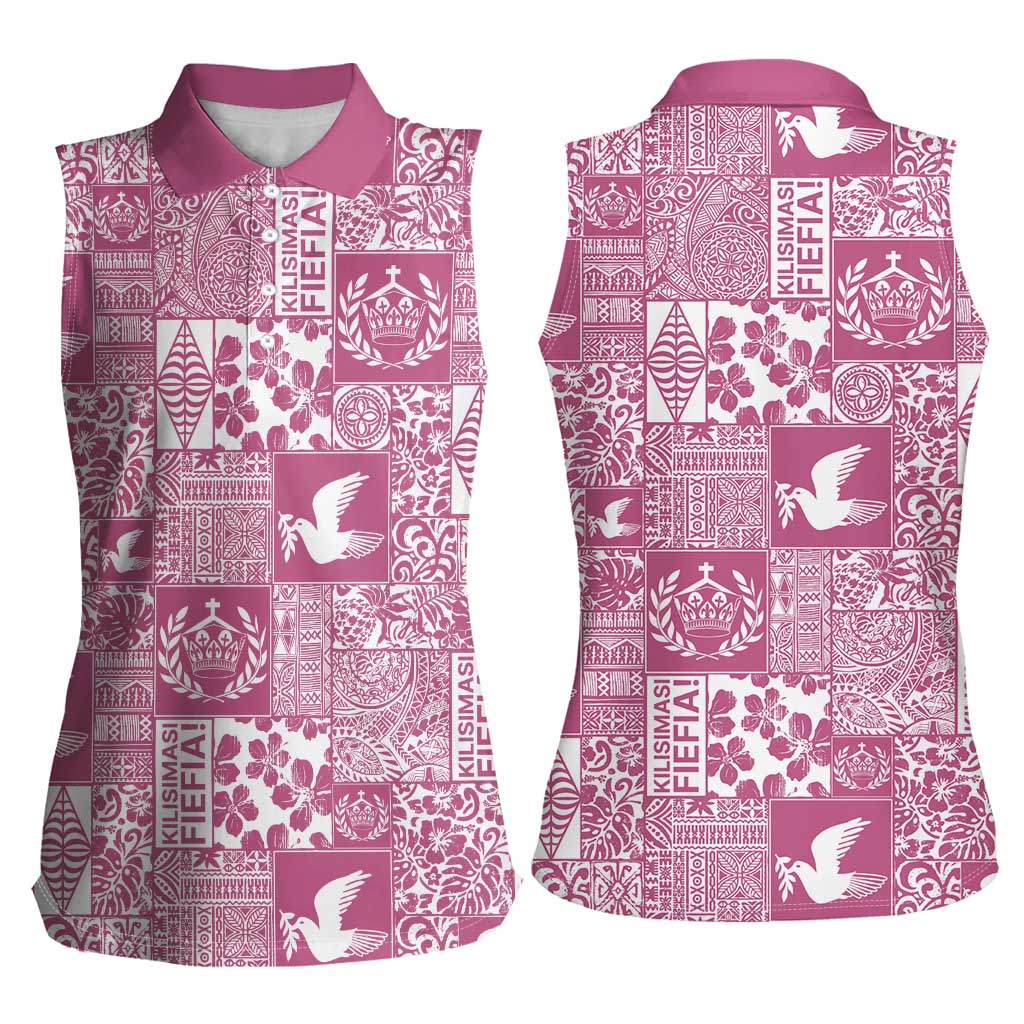 Pink Tonga Kilisimasi Fiefia Women Sleeveless Polo Shirt Pacific Patchwork Xmas Vibes - Polynesian Pride