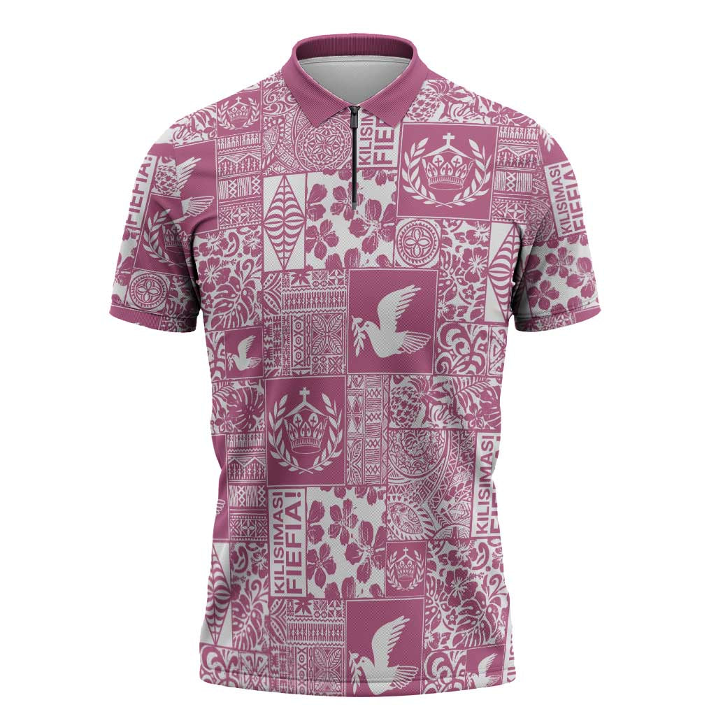 Pink Tonga Kilisimasi Fiefia Zipper Polo Shirt Pacific Patchwork Xmas Vibes - Polynesian Pride