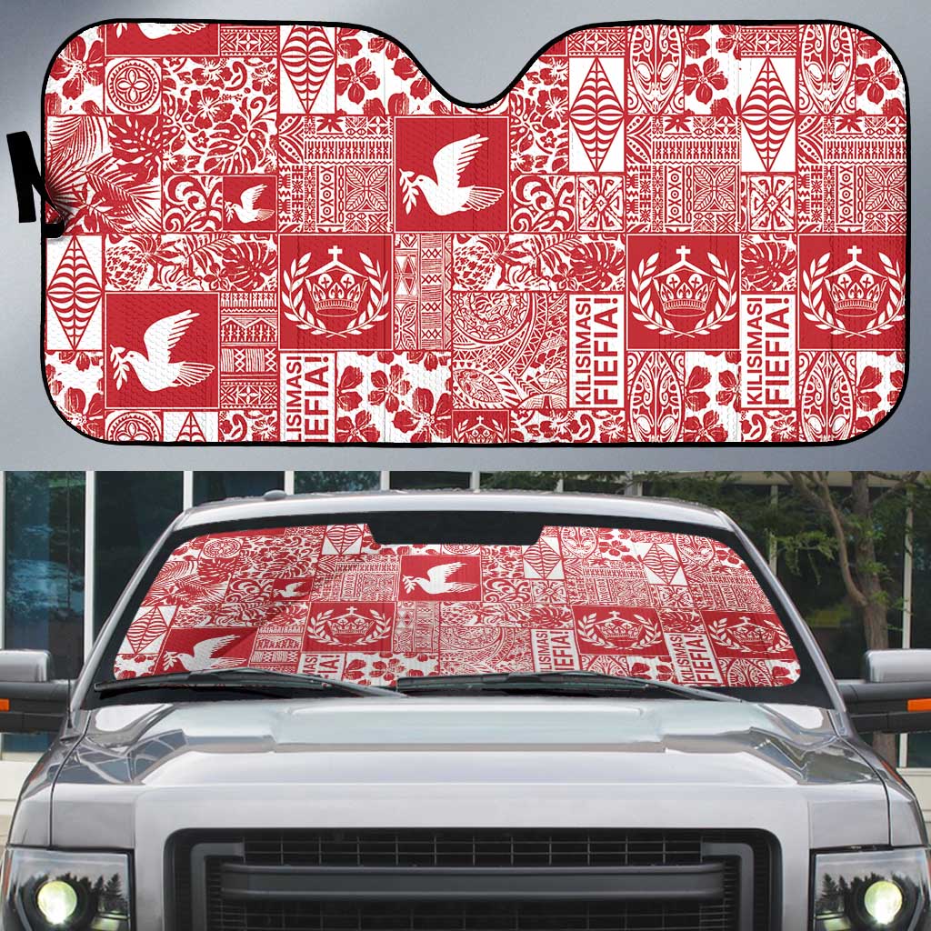 Red Tonga Kilisimasi Fiefia Auto Sun Shade Pacific Patchwork Xmas Vibes - Polynesian Pride