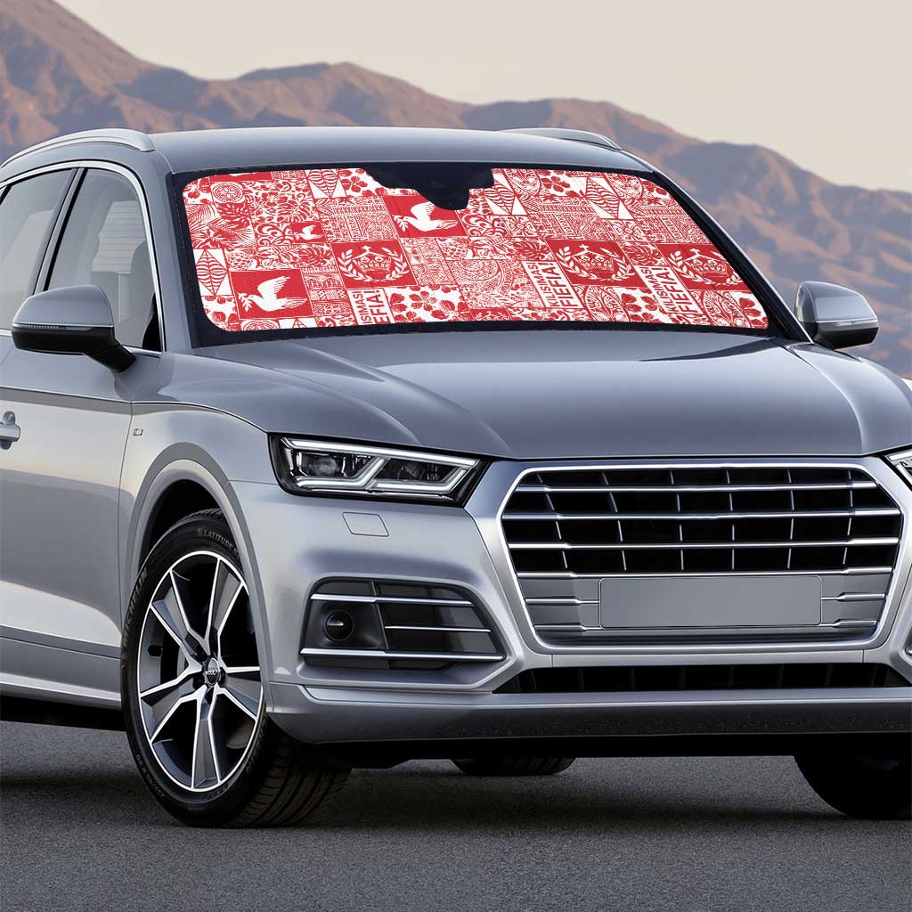 Red Tonga Kilisimasi Fiefia Auto Sun Shade Pacific Patchwork Xmas Vibes - Polynesian Pride