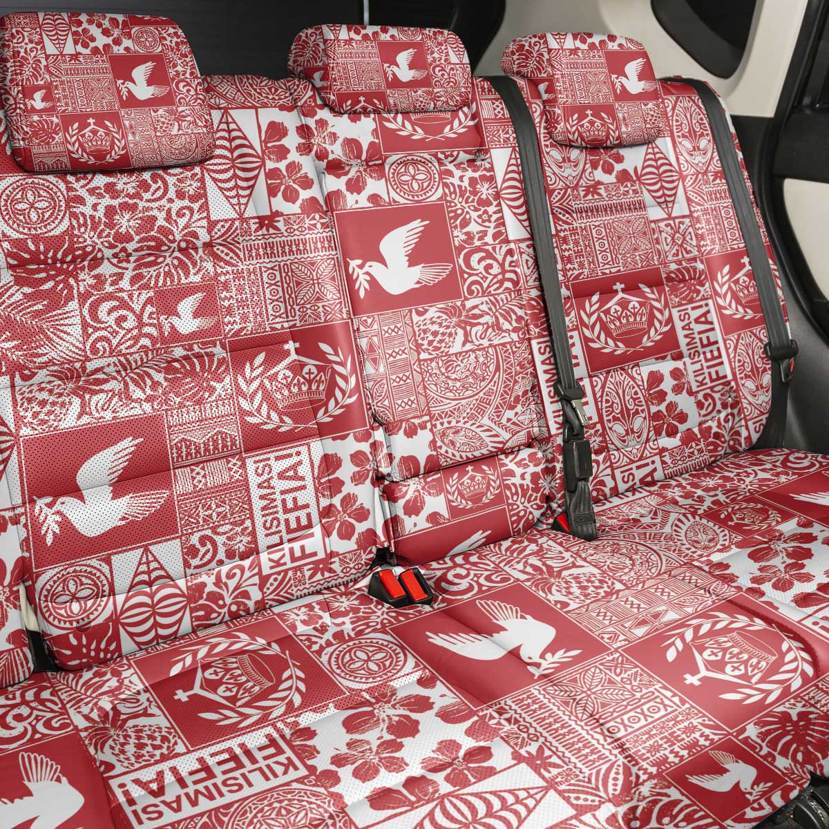 Red Tonga Kilisimasi Fiefia Back Car Seat Cover Pacific Patchwork Xmas Vibes - Polynesian Pride